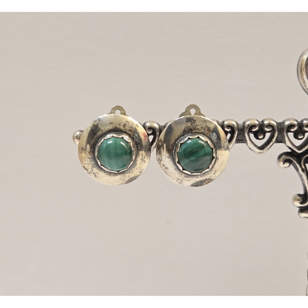 Vtg Signed Kelly Jack Smith Navajo Sterling Silver Malachite Clip-On Earrings